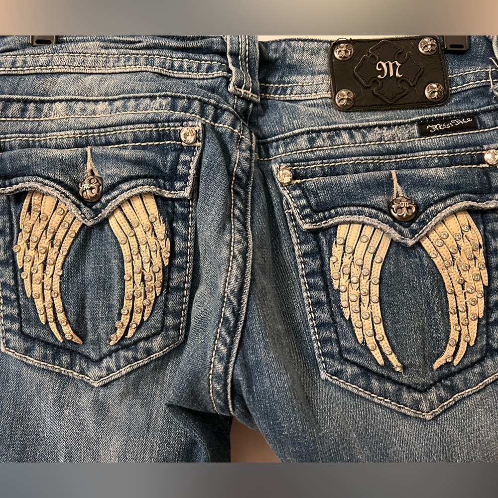 Miss Me Women's Boot Cut Flare Jeans Blue Size 30 Angel Wings Pocket Design
